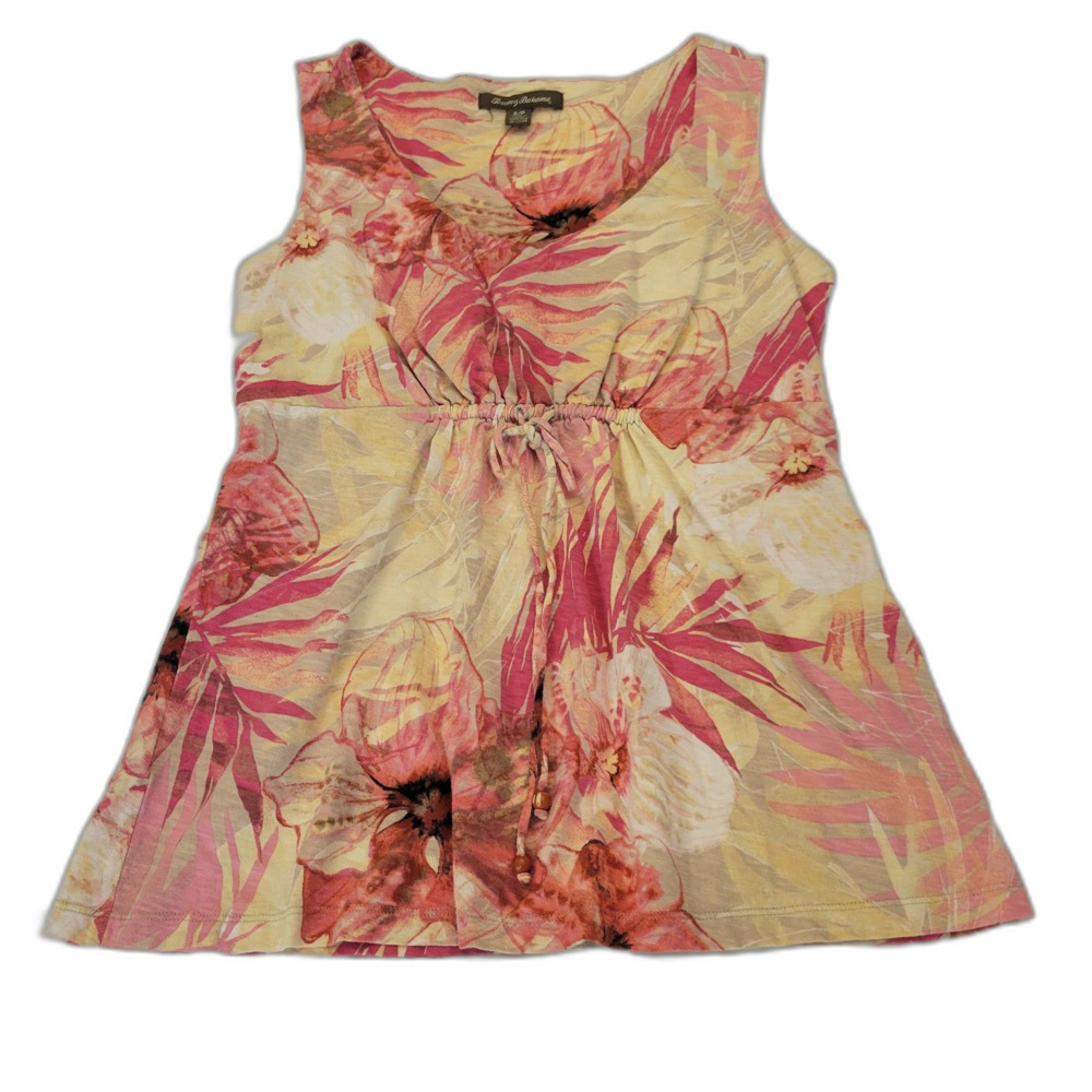 Tommy Bahama Women's Sleeveless Floral Tank Top Cinched Waist Pink Yellow Size S